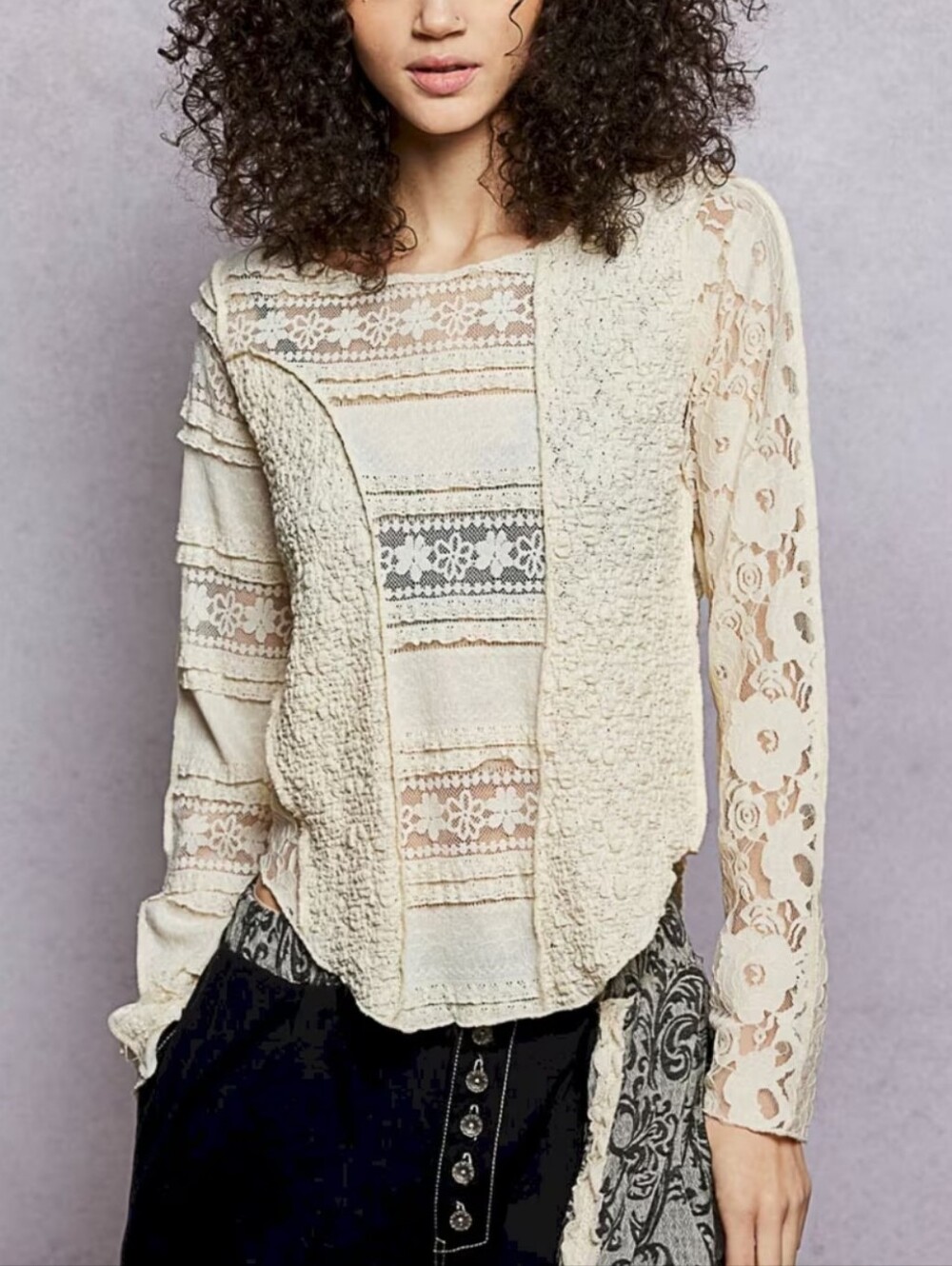 301. POL Women's Cream Lace Mixed-Media Top